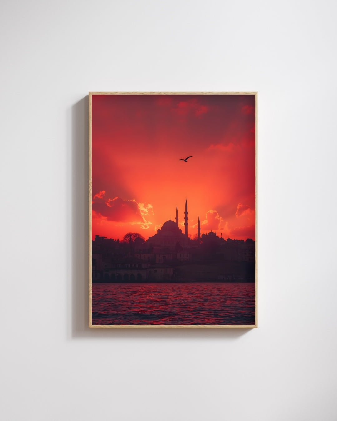 Kızıl Gün Batımı & Martı Manzaralı Cami Kanvas Tablo